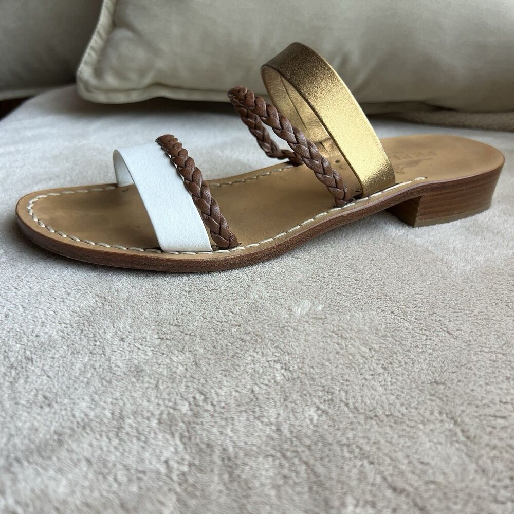 Preludio Bronze White & Woven Brown Strappy Slide Flat Sandal Women 8 Casual